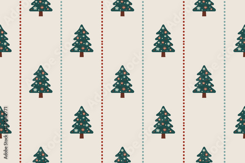 Bilde på lerret Seamless vector Christmas pattern Retro flat trees Dotted stripe rows red green