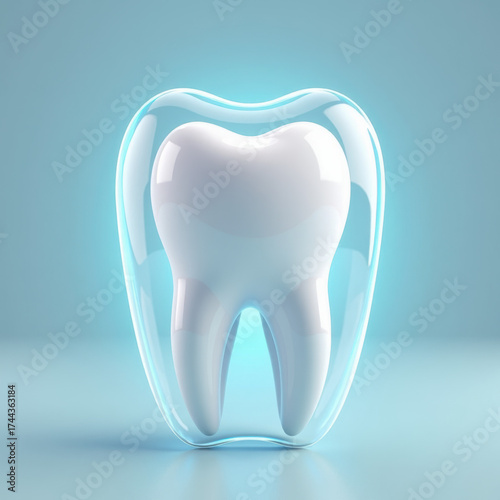 3d realistic healthy glowing tooth. Shield around white tooth. Dental care, protection and whitening