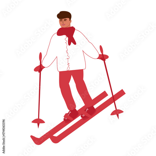 Young man in winter suit skiing. Winter extreme sport. Color flat vector isolated illustration