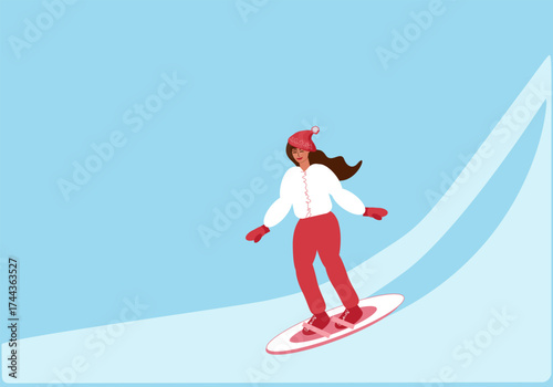 Young woman snowboarding in warm clothes outdoors in winter - color vector illustration, background for flyers, posters, postcards