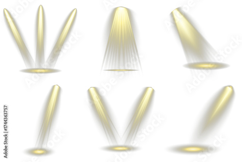 Vector blur in the light of radiance.. Realistic spotlight set with gold glowing dust particles on transparent png background and reflection on the floor for stage, studio, or theater light effects.