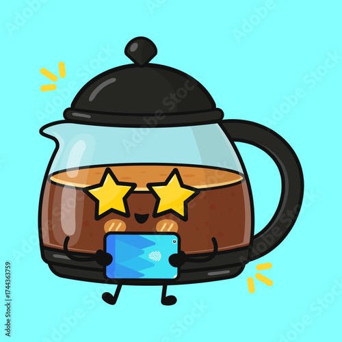 Coffee pot character wearing star sunglasses using tablet