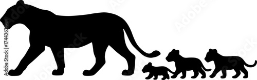 Black silhouette of lioness leading cubs