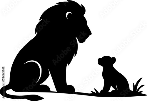 Lion father watching cub silhouette