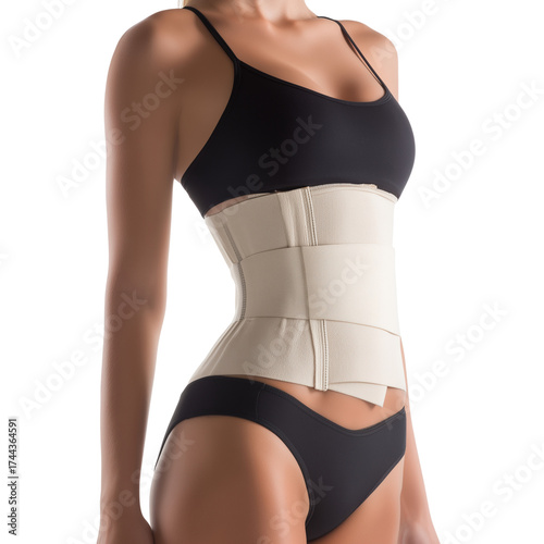 A woman is shown in underwear, demonstrating the transformative effect of a waist shaper