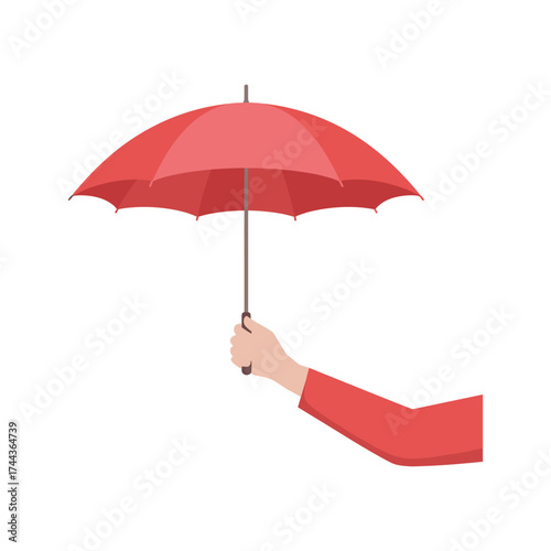 Hand holding a red umbrella open against a white background vector illustration