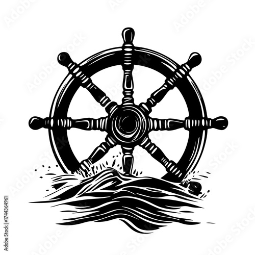 Ship helm wheel silhouette — maritime steering wheel with ocean waves vector illustration