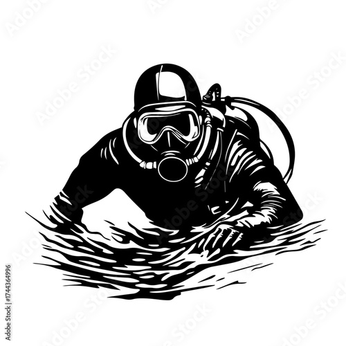 Scuba diver underwater silhouette — professional diving explorer swimming in full gear vector illustration