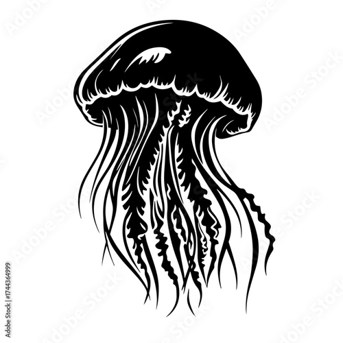 Jellyfish silhouette — drifting marine invertebrate with tentacles vector illustration