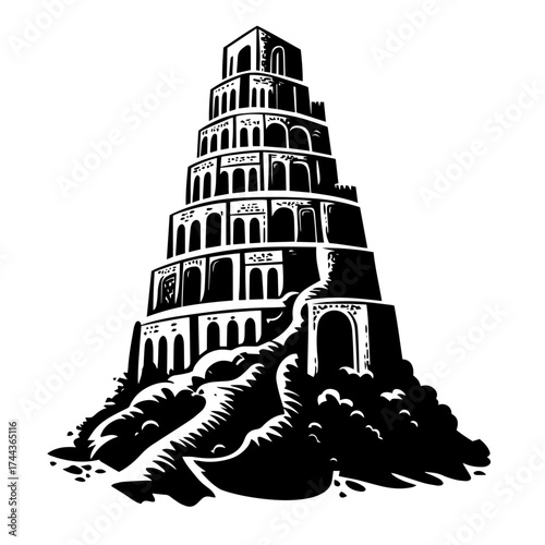 Tower of Babel silhouette — ancient biblical ziggurat architecture vector illustration