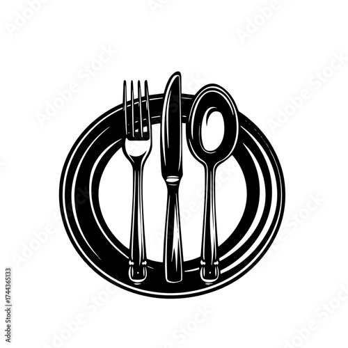 Dining plate with cutlery silhouette — fork knife spoon place setting vector illustration