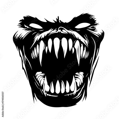Ferocious monster face silhouette — roaring beast head with fangs vector illustration