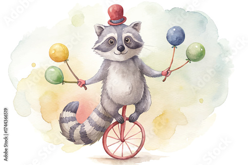 Funny raccoon on unicycle juggling balls. watercolor circus animal illustration