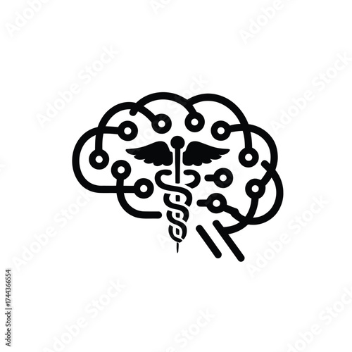 Artificial intelligence in medicine represented by a brain and caduceus in black and white