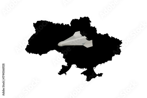 A drone over a black outline of a map of Ukraine symbolizing an attack and threat, with a theme of war and defense