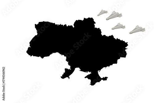 A drone near a black outline map of Ukraine symbolizing an attack and threat, on a white background, on the theme of war