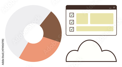 Donut chart indicates data distribution, checklist paired with user interface window, and cloud graphic. Ideal for data analysis, task management, cloud storage, business tools, reporting, teamwork