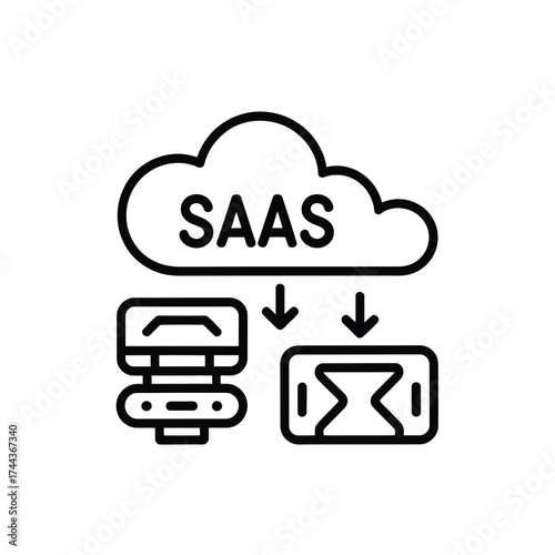 Software as a service concept showcasing cloud server database and data transmission black and white illustration
