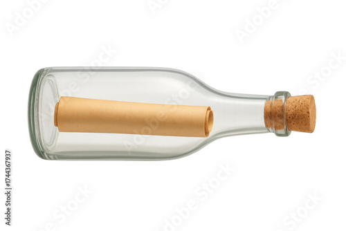 Glass bottle with rolled message and cork on transparent background
