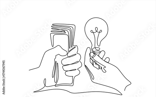 Continuous one line drawing of hand holding light bulb and Hand holds dollar money, Buy idea, investing in innovation. Crowdfunding Concept Investment into Idea or Business Startup. Hand drawn.	