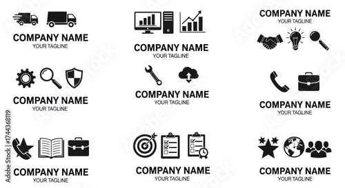 Collection of Business Logo Templates with Diverse Industry Icons: Logistics, Technology, Security, Communication, and Corporate Concepts on White Background, Flat Vector Elements, Vector