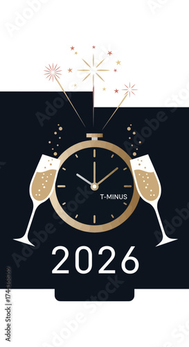 New Year's Eve Countdown to 2026 with Champagne Flutes and Clock - Elegant Celebration Illustration, Flat Vector Elements, Vector Illustration, Simple Vector, Stylized Vector Drawing, Vector