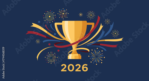 Golden Trophy, Colorful Fireworks, and Confetti on Dark Blue Background for New Year or Achievement Celebration, Flat Vector Elements, Vector Illustration, Simple Vector, Stylized Vector Drawing,