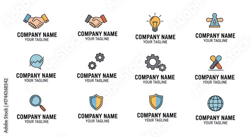 Collection of Business Concept Logo Designs featuring Handshakes, Communication Graphs, Gears, Magnifying Glass, and Shield for Corporate Branding and Web Use, Flat Vector Elements, Vector