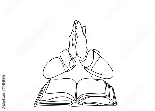 Two Hands Pressed Together in Prayer Position next to the open bible. Action for Prayer, Gratitude, Greeting and Thankful Isolated on White Background. Hand drawn one line vector. Editable stroke	