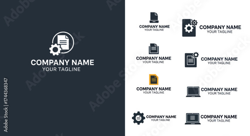 Modern Corporate Logo Design Featuring Document and Gear Icons with Placeholder Company Name and Tagline, Flat Vector Elements, Vector Illustration, Simple Vector, Stylized Vector Drawing, Vector