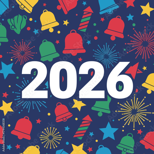 Vibrant Happy New Year 2024 Celebration Background with Festive Fireworks, Bells, Stars, and Confetti Illustration, Flat Vector Elements, Vector Illustration, Simple Vector, Stylized Vector Drawing,