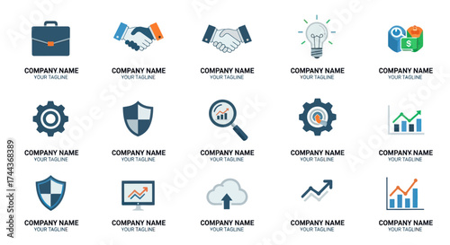 Modern Business Logo Templates Collection with Diverse Icons for Corporate Branding, Technology, Finance, and Security Services, Flat Vector Elements, Vector Illustration, Simple Vector, Stylized