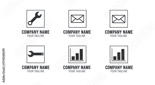 Minimalist Wrench Tool Logo Designs with Company Name and Tagline in Frames on White Background, Perfect for Engineering, Repair, and Service Industries, Flat Vector Elements, Vector Illustration,