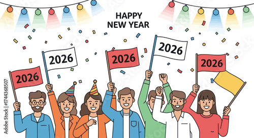 Happy New Year 2026 Celebration with Joyful Group, Confetti, Festive Lights, and Party Flags on White Background, Flat Vector Elements, Vector Illustration, Simple Vector, Stylized Vector Drawing,