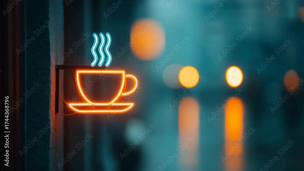 Flickering neon coffee cup sign glows against cool blue background, ideal video for coffee shop branding, cafe ads, morning content, social media stories, and cozy intro visuals, with copy space on th