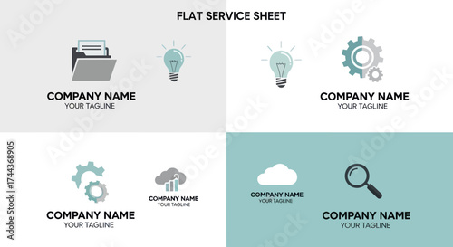 Collection of Modern Flat Design Business Logo Concepts with Folder, Light Bulb, Gears, and Cloud Analytics on White Background, Flat Vector Elements, Vector Illustration, Simple Vector, Stylized