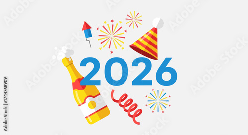 Festive New Year 2020 Celebration Illustration with Popping Champagne Bottle and Fireworks, Flat Vector Elements, Vector Illustration, Simple Vector, Stylized Vector Drawing, Vector Template, Clean