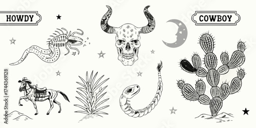 Whimsical western illustration collection featuring a cowboy horse skull cactus moon and mythical creatures