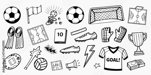 Collection of hand drawn soccer football sport icons and symbols on white background