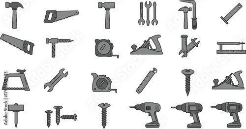 Collection of various hand and power tools in a flat design style
