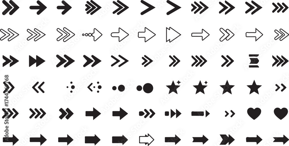 Naklejka premium Minimal bullet point icon set with arrows, dots, stars, and hearts. Vector collection for UI/UX design, web layouts, presentations, and infographics.