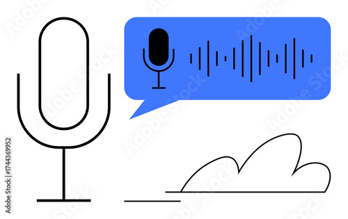 Microphone and waveform in speech bubble symbolizing sound recording, audio communication, podcasting, and speech analysis. Ideal for technology, broadcasting, audio tools, creativity, music