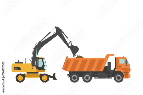 Construction Equipment Operation – Excavator Transferring Dirt to Dump Truck