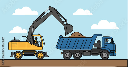 Excavator and Tipper Truck Working Together