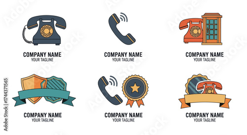 Flat Design Logo Templates: Rotary Telephone Icon and Overlapping Shields Emblem with Banner, Ideal for Company Branding on White Background., Flat Vector Elements, Vector Illustration, Simple