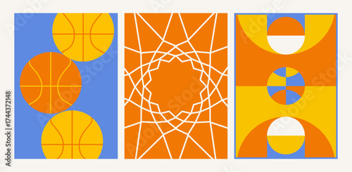 Modern geometric basketball design with abstract shapes in orange and blue poster banner cards set