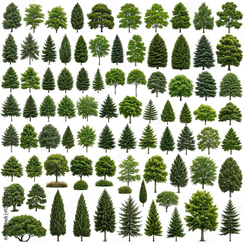 Collection of various green trees, including firs and bushes, on a transparent background