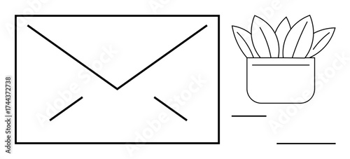 Simple envelope outline with a potted plant. Ideal for communication, organization, productivity, minimalism, mail, workspace decor, and eco-friendly concepts. A simple flat metaphor