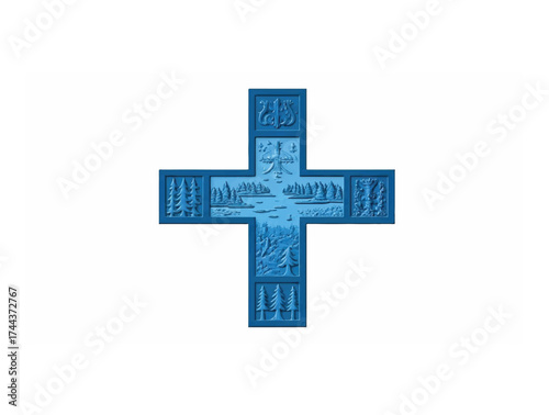 Blue Nordic cross with stylized lakes and forest symbols integrated into the arms.