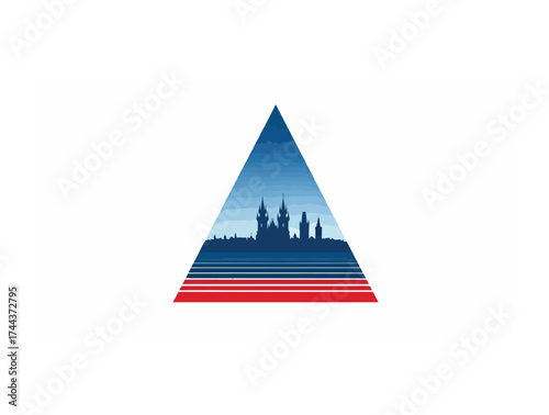 Blue triangle with red and white bands and Prague skyline in geometric abstraction white background.